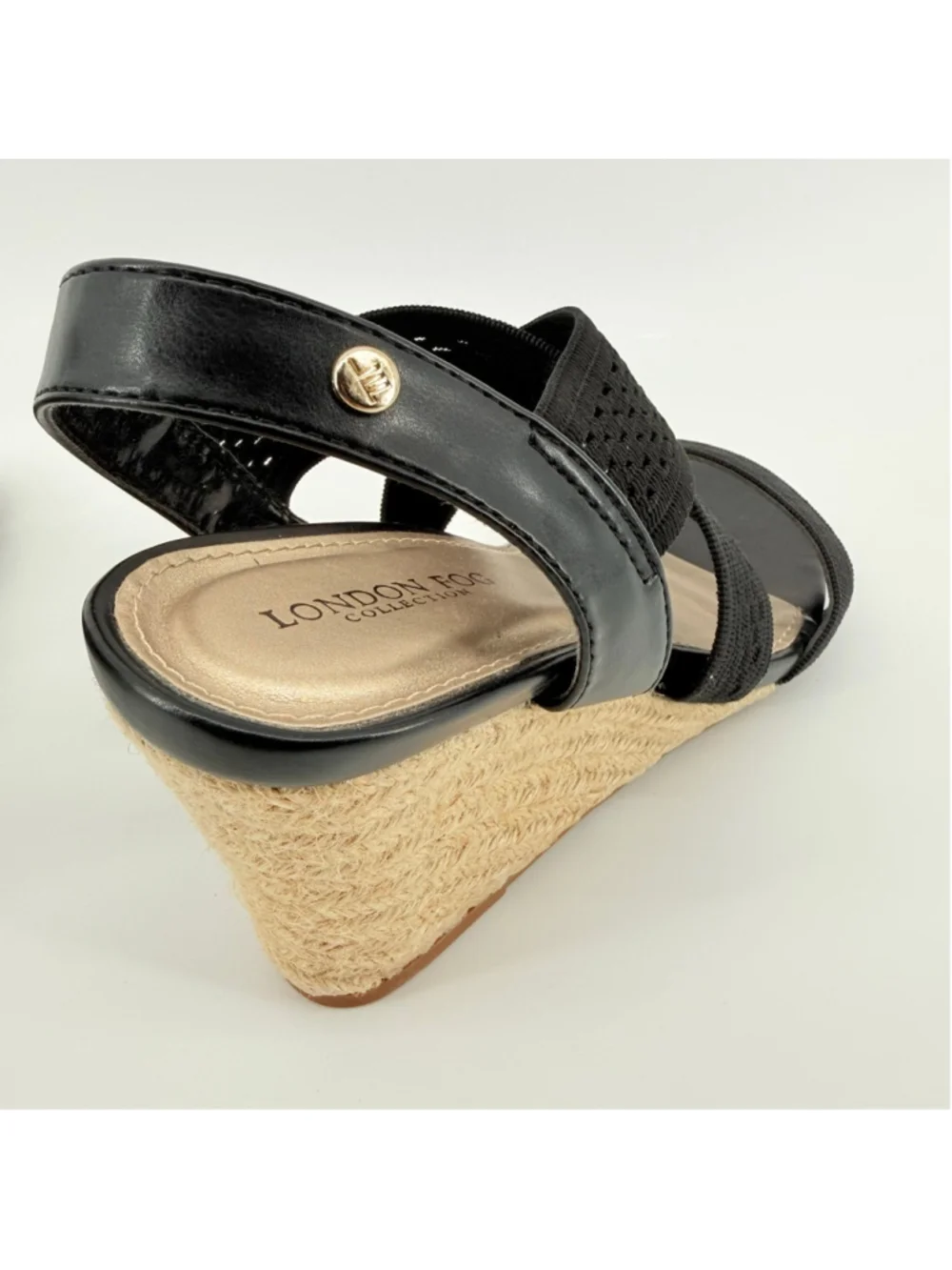 Women's London Fog Black Wedge Woven Textile Sandals Heel Size 7.5